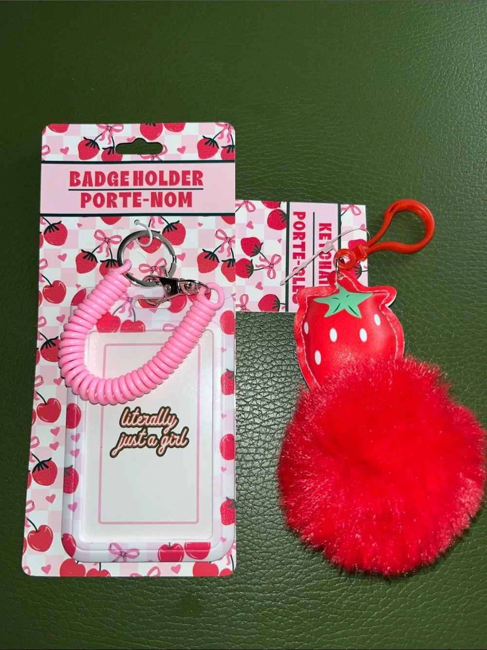 Pink Strawberry Badge Holder & Red Pom Pom Keychain